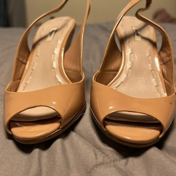Miu Miu Wedge Patent Leather Pink Nude Sling Back Heel Flawed Size 4
